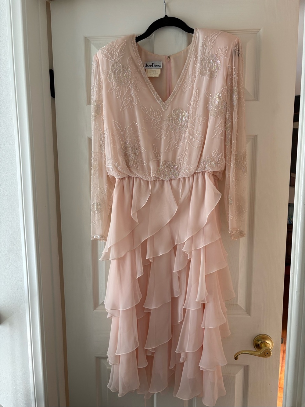 Jack Bryan Beaded Sequin Chiffon Dress has matching belt.